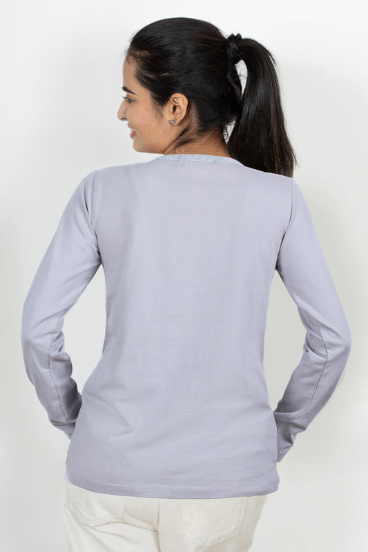 100% Cotton Long Sleeve Tee - Women's Round Neck Casual Printed T-Shirt - Grey