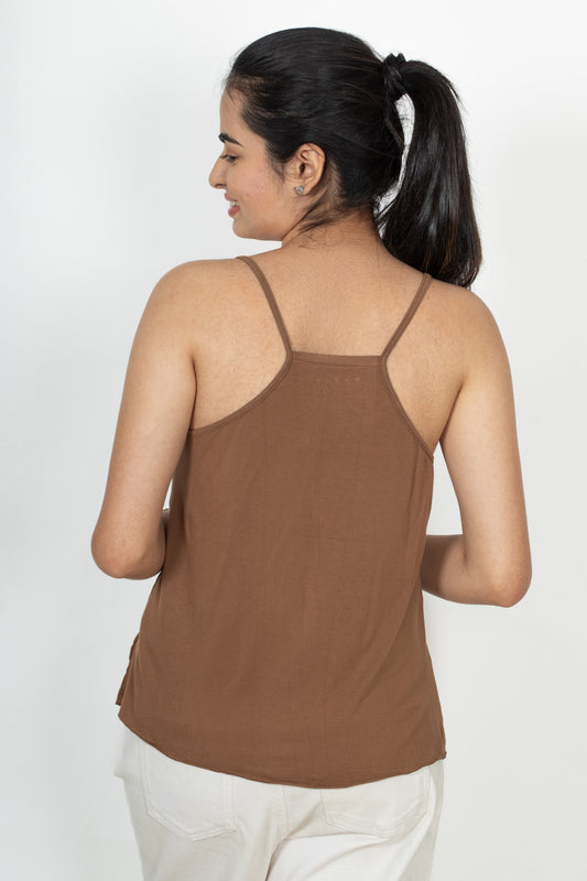Classic Cotton lycra Sleeveless Regular Fit Tank Top, Spaghetti - Brown