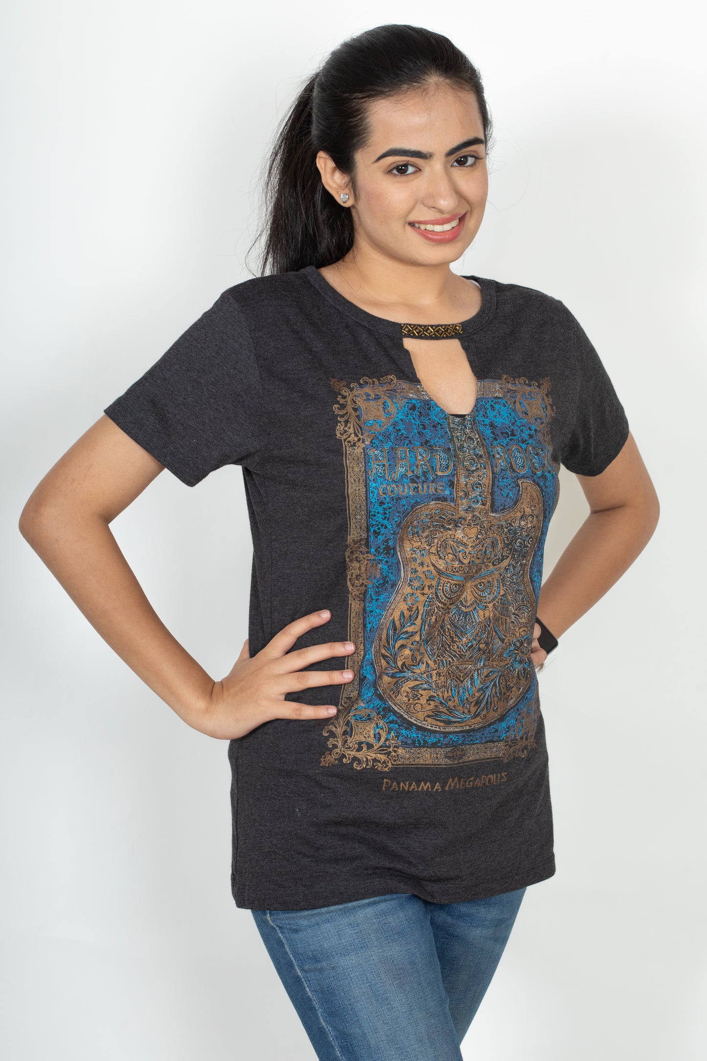 100% Cotton Round Neck Tee - Women's Half Sleeve Casual Printed T-Shirt - Charcol Grey