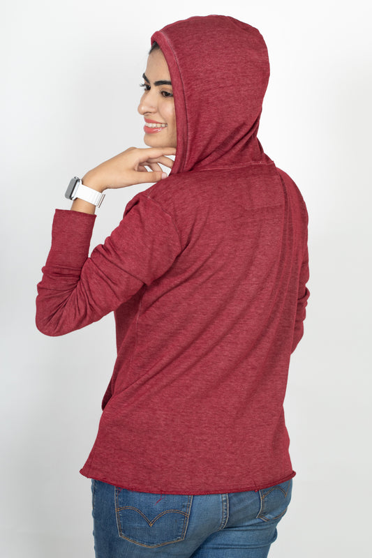 Printed Cotton Hoodie - Full Sleeve Regular Fit Tee - 100% Cotton Hooded Neck Top - Maroon