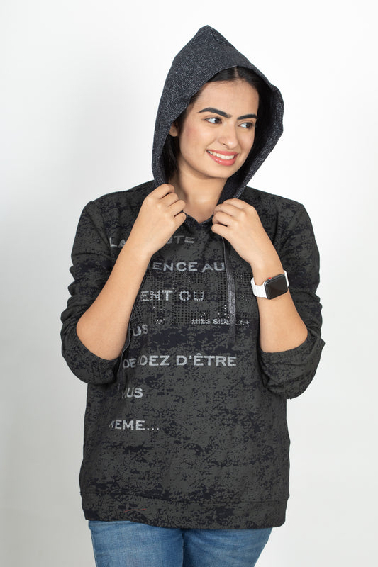 Printed Cotton Hoodie - Full Sleeve Regular Fit Tee - 100% Cotton Hooded Neck Top - Charcoal grey01