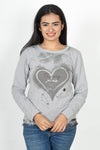 100% Cotton Long Sleeve Tee - Women's Round Neck Casual Printed T-Shirt - Grey
