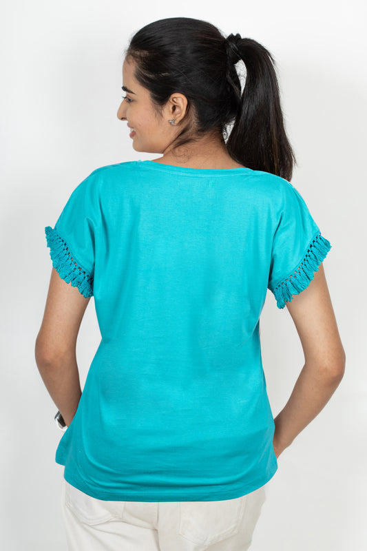 100% Cotton Round Neck Tee - Women's Half Sleeve Casual Printed T-Shirt - Blue