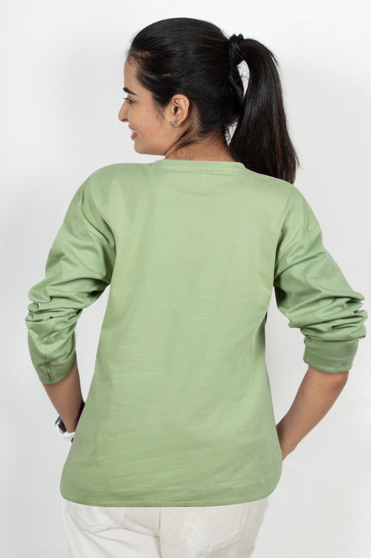 100% Cotton Long Sleeve Tee - Women's Round Neck Casual Printed T-Shirt - Light Green