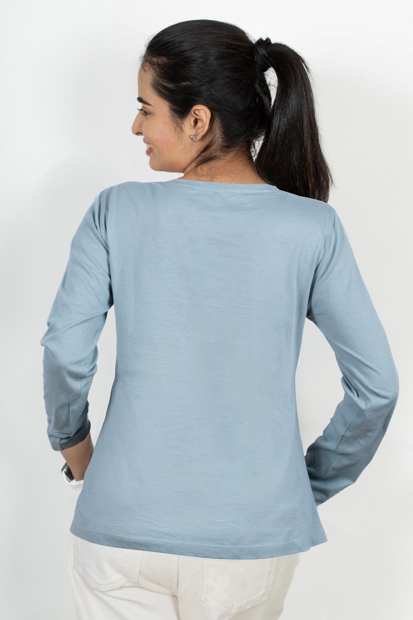 100% Cotton Long Sleeve Tee - Women's Round Neck Casual Printed T-Shirt - Blue