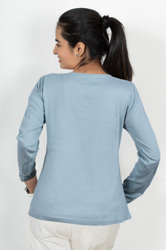 100% Cotton Long Sleeve Tee - Women's Round Neck Casual Printed T-Shirt - Blue