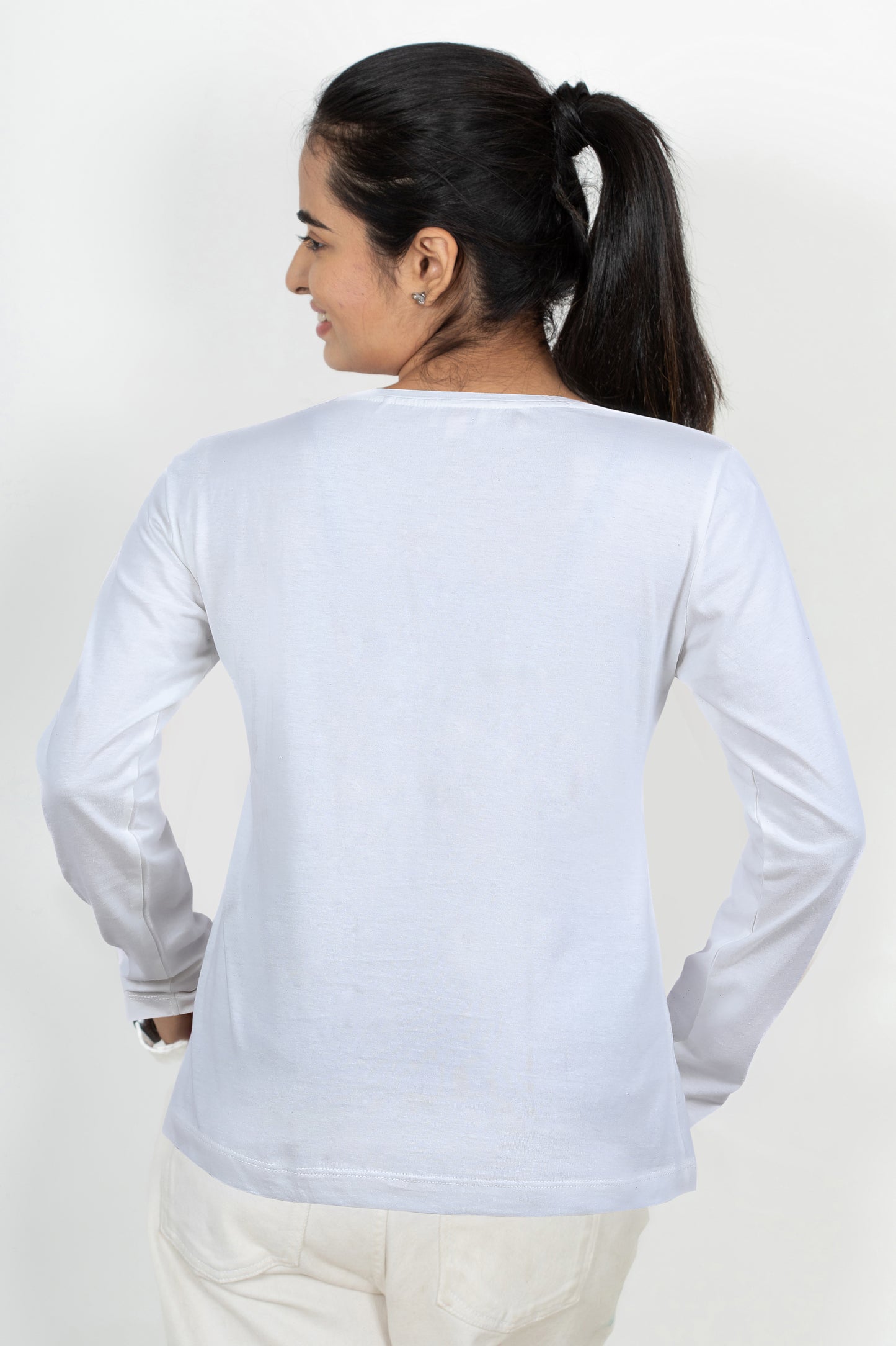 100% Cotton Long Sleeve Tee - Women's Round Neck Casual Printed T-Shirt - White