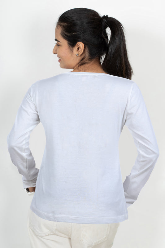 100% Cotton Long Sleeve Tee - Women's Round Neck Casual Printed T-Shirt - White
