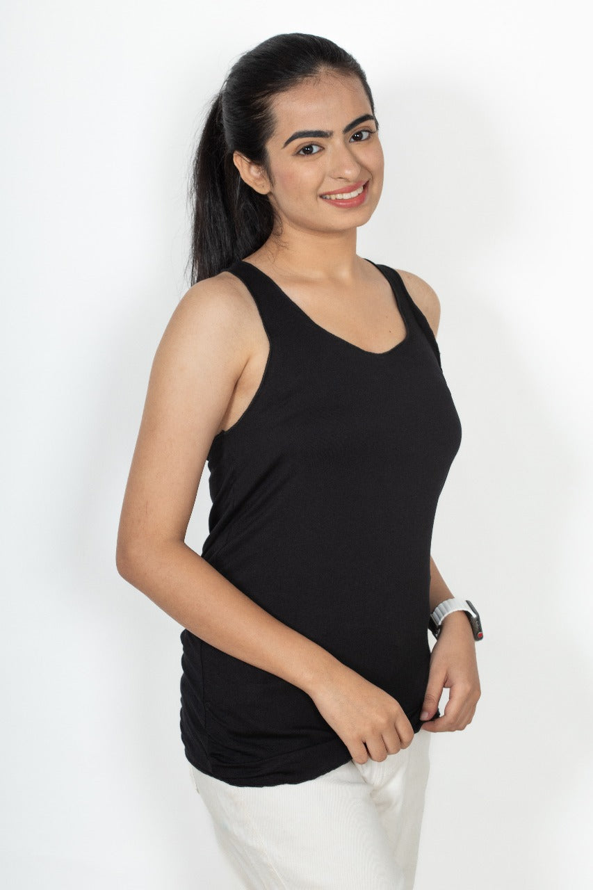 Classic Cotton lycra Sleeveless Regular Fit Tank Top, Racer Back Tees - Black