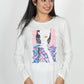 100% Cotton Long Sleeve Tee - Women's Round Neck Casual Printed T-Shirt - White