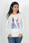 100% Cotton Long Sleeve Tee - Women's Round Neck Casual Printed T-Shirt - White