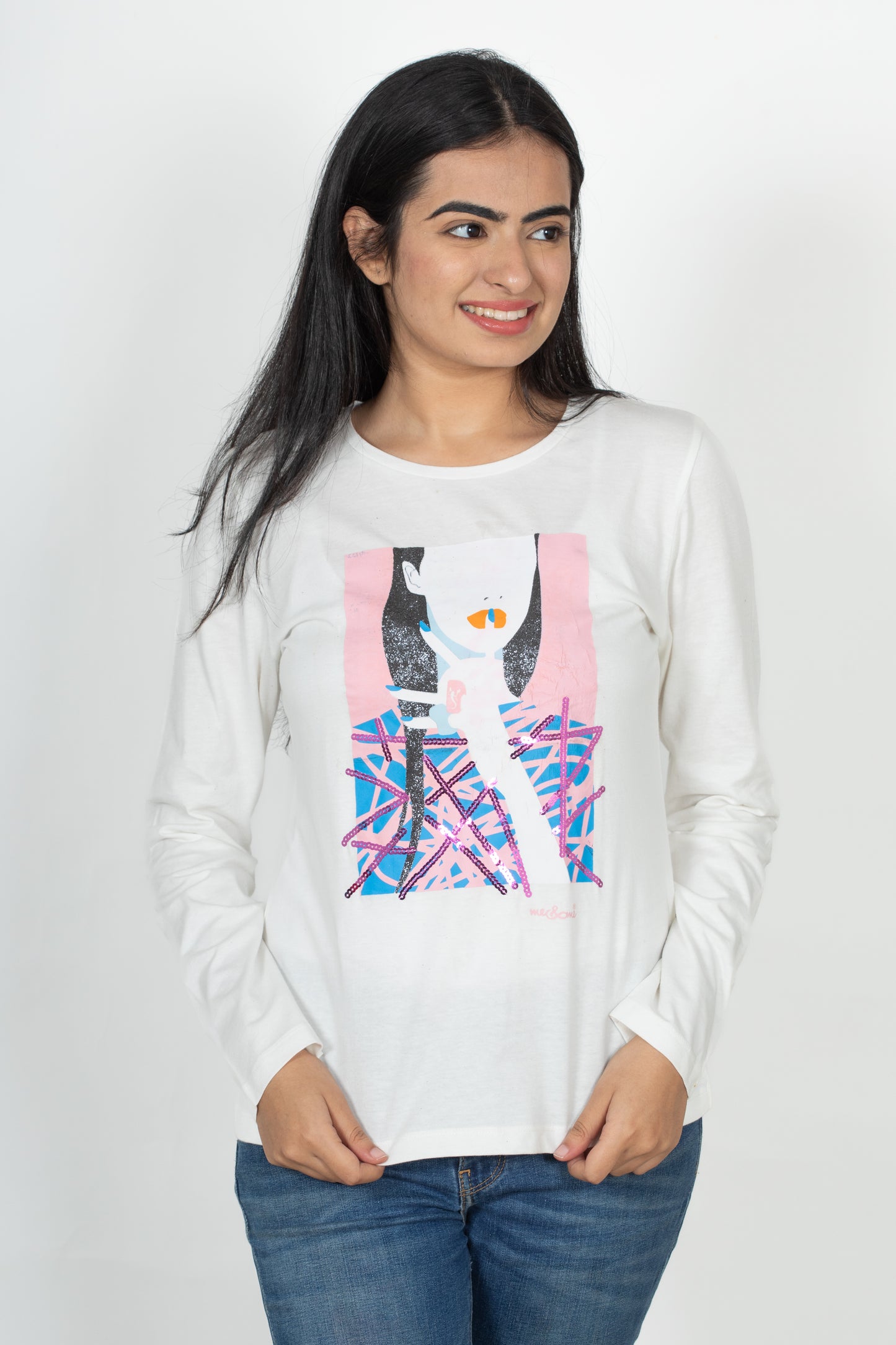 100% Cotton Long Sleeve Tee - Women's Round Neck Casual Printed T-Shirt - White