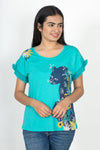 100% Cotton Round Neck Tee - Women's Half Sleeve Casual Printed T-Shirt - Blue