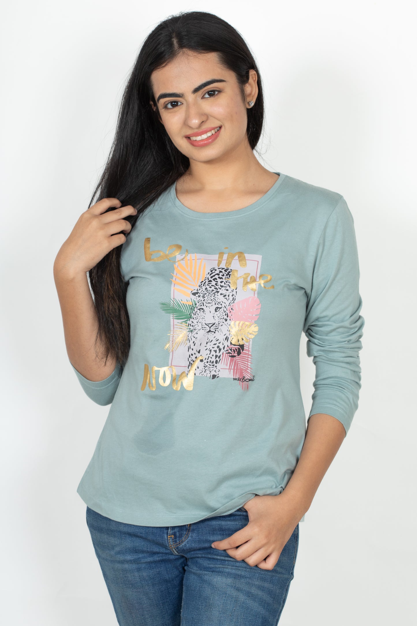 100% Cotton Long Sleeve Tee - Women's Round Neck Casual Printed T-Shirt - Blue